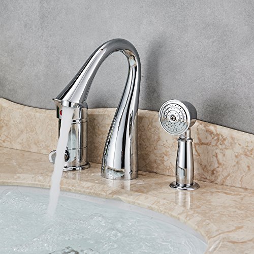 Rozin Deck Mount 3 Holes Bathtub Faucet Single Lever Mixer with Handheld Shower Chrome Finish - Thumbnail 3