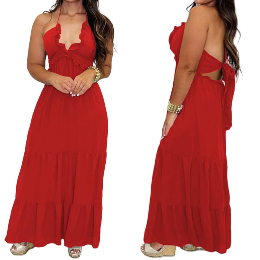 Image of TOPSRANI Womens Sleeveless Maxi Dress Halter Casual Backless Smocked Tiered Ruffle Flowy Sexy Slip Sling Strap Dresses