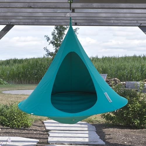 Image of Double Cacoon Hanging Chair for Two - Cozy Indoor /Outdoor Hammock with Polyester Canvas, 440 lb Capacity, Includes 18ft Rope & Carabiner (Bayou Breeze)