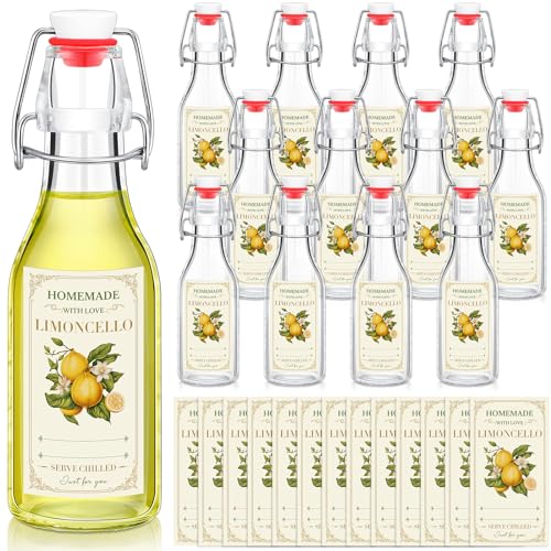 Havawish 12 Sets Limoncello Swing Top Glass Bottles for Homemade 8 oz Flip Clear Top Lemoncello Bottles with Labels Stoppers for Home Brewing Gifts Wedding Lemon Italian Summer Party Favors(Round)