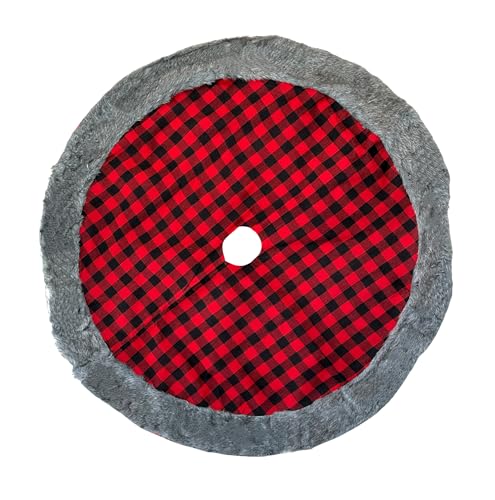 Buffalo-Plaid-Christmas-Tree-Skirt-Large-48-Diameter-Red-and-Black-Checks-Gray-Faux-Fur-Trim-Presents-Gifts-Plaid-Christmas-Decoration Buffalo Plaid Christmas Tree Skirt Large 48 Diameter Red and Black Checks Gray Faux Fur Trim Presents Gifts Plaid Christmas Decoration