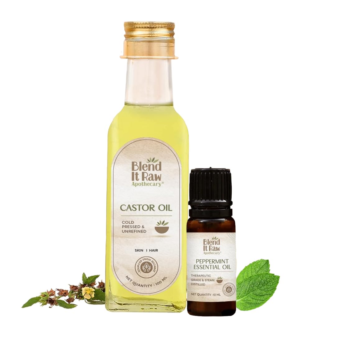 Blend It Raw Apothecary Castor Oil 100ml & Peppermint Essential Oil 10ml Combo | Cold Pressed Castor Oil for Hair Growth, Skin Nourishment, Eyebrows & Eyelashes, Nails | Ultimate Hair Growth Combo