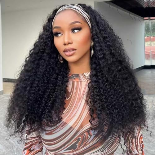 Image of Kinky Curly Headband Wig Human Hair 22 Inch Headband Wigs for Black Women Human Hair None Lace Front Curly Wave Wigs Brazilian Virgin Hair Wear and Go Glueless Wig 200% Density Natural Black Color