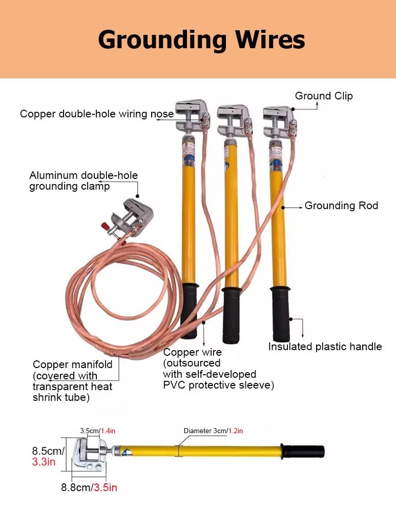 10KV High Voltage Grounding Wire - 25 Sq. mm Transparent Soft Copper Wire with 3 Grounding Rods/Poles for Power Distribution Room (Yellow, 0.5m)