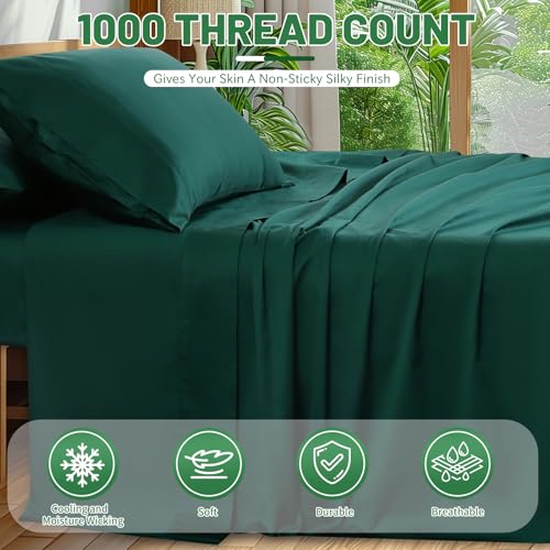 Image of 100% Egyptian Cotton Sheets King Size 4PCS 1000 Thread Count Sateen Weave Soft Breathable 16-Inch Deep Pocket (King,Dark Green)