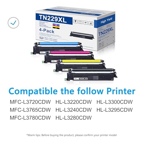 Image of TN-229XL TN229XL Toner Cartridges 4 Pack (BK /C /M /Y) Replacement for Brother TN229 TN229XL High Yield MFC-L3780CDW Printer Toner Cartridge - TN2294PK