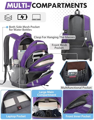 Image of Backpack Bookbag for School College Student Laptop Travel Business with USB Charging Port Laptop Compartment Luggage Straps Anti theft Night Light Reflective (Purple)