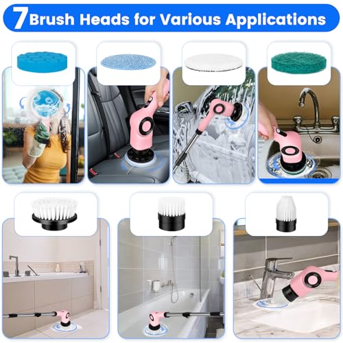 Image of Electric Spin Scrubber, Upgraded Cordless Shower Scrubber Cleaning Brush, IPX7 Bathroom Scrubber with Extension Handle, Electric Cleaning Brush for Floor Tile, Tub, Kitchen, Window- Pink