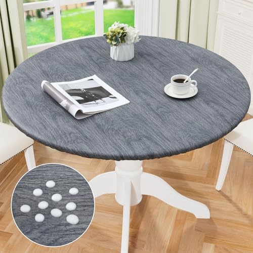 misaya Round Fitted Tablecloth with Elastic Edge, 100% Waterproof Oil Proof Plastic Table Cover, Vinyl Flannel Backed Tablecloth Fits 25"-30" Round Tables for Dinner, Outdoor, Picnic, Wood Grey