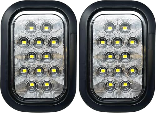 All Star Truck Parts 5x3 2x White Rectangle 12 LED Backup/Reverse/Tail Light Tow Truck Semi Trailer CM Flatbed Reading Postal Hitch Mounted RV Bus Grommet 3 Wire Pigtail Plug Kit 12V IP67 Waterproof