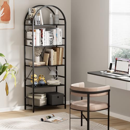 Arbuxzuy 5-Tier Bookshelf, 24 Inch Width Industrial Arched Bookcase, Vintage Storage Rack with Open Shelves, Free Standing Shelf for Home Office, Living Room,Bedroom, Black - Thumbnail 5