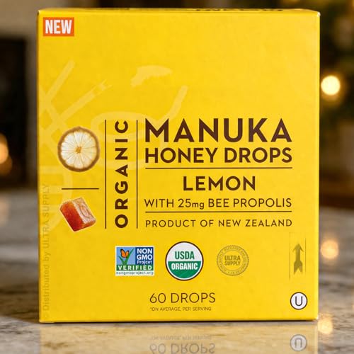 Organic Manuka Honey Lemon Drops (60 Count. Value Pack) - With 25mg Bee Propolis - Soothing Lemon Flavor - USDA Organic Non-GMO