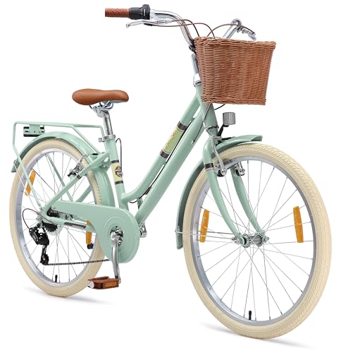 BIKESTAR Alu Kinderfahrrad ab 9-10 Jahre | 24 Zoll City Retro Bike, 7 Gänge, Korb, V-Bremse,...