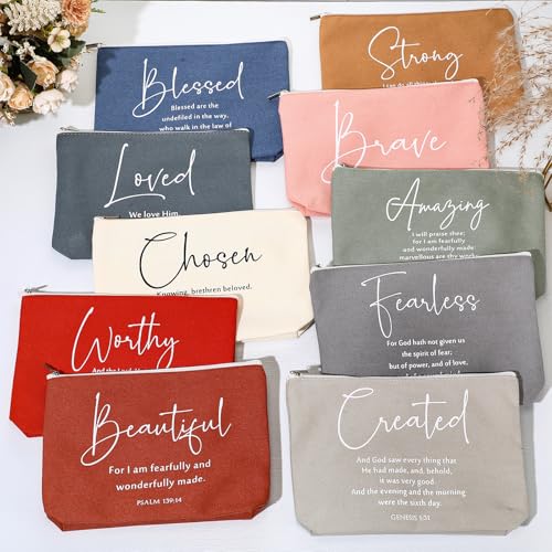 20 Pcs Inspirational Christian Gifts for Women Religious Makeup Bag Canvas Bible Verse Cosmetic Bag with Zipper for Grandma Godmother Church Clergy Appreciation Pastor's Wife(Bright,Bible Words)4