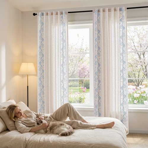Image of jinchan Floral Linen Curtains, Back Tab 50x96 Inch, 2 Panels Blue