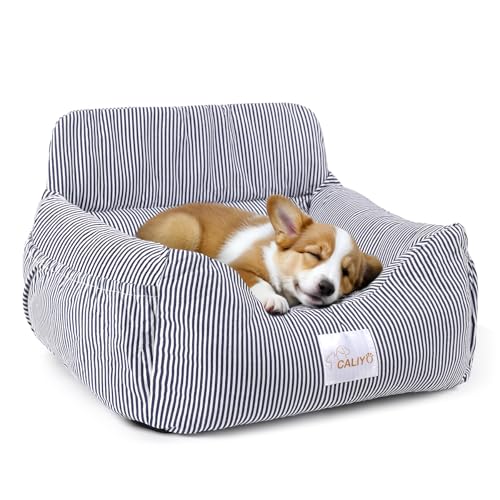 CALIYO Hundeautositz mit Stabiler Basis & Sicherheitsgurt | Hundesitz Auto für Kleine bis 10 kg | Memory Foam-Sitzauflage | Wasserdichter, Abwaschbarer Hundekorb mit Aufbewahrungstasche (Blau/Weiß)