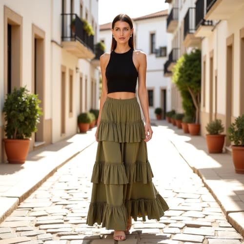 Women's Solid 3-Layer Frill Maxi Skirt – Long Flowing Viscose Skirt, Tiered Boho Style for Casual & Dressy Wear4