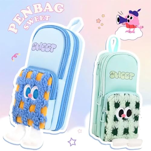 Image of Canvas School Bag Pencil Case, 3 Layer 6 Compartment Large Capacity, Aesthetic Pencil Pouch for Stationary, Cute Stationery for Kids, Pencil Case for Girls & Boys (Multicolor)