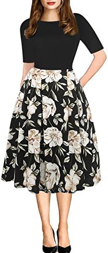 oxiuly Women's Vintage Patchwork Pockets Puffy Swing Casual Party Dress OX165 (Black Khaki, l)