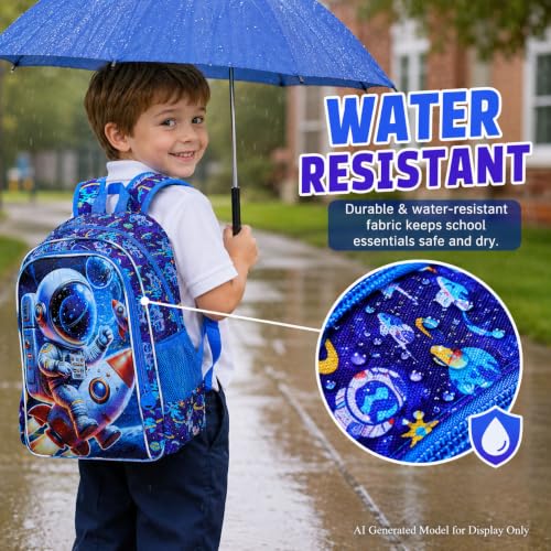 Image of HPJGD 3PCS Space Backpack for Boys, Water Resistant Kids Bookbag Set with Lunch Box, Cool School Bag for Preschool Toddler - Astronaut Riding Rocket