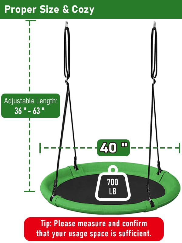 Image of 40 Inch Diameter Saucer Tree Swing Set for Kids & Adults, Adjustable Flying Swing Seat for Backyard or Outdoor Playground, Green & Black