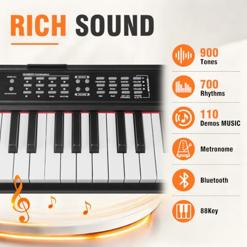 Digital Piano 88 Key Full Size Semi Weighted Electronic Keyboard Piano Set with Stand,Built-In Speakers,Electric Piano Keyboard with Sustain Pedal,Bluetooth,MIDI/USB/MP3 for Beginners Adults