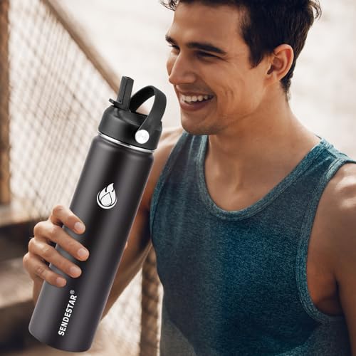 Image of SENDESTAR Insulated Water Bottle 24 OZ, Wide Mouth 24 oz Water Bottle with Straw Lid, Spout Lid, Double Wall Vacuum Stainless Steel Leak Proof, Keeps Liquids Hot or Cold (Black)
