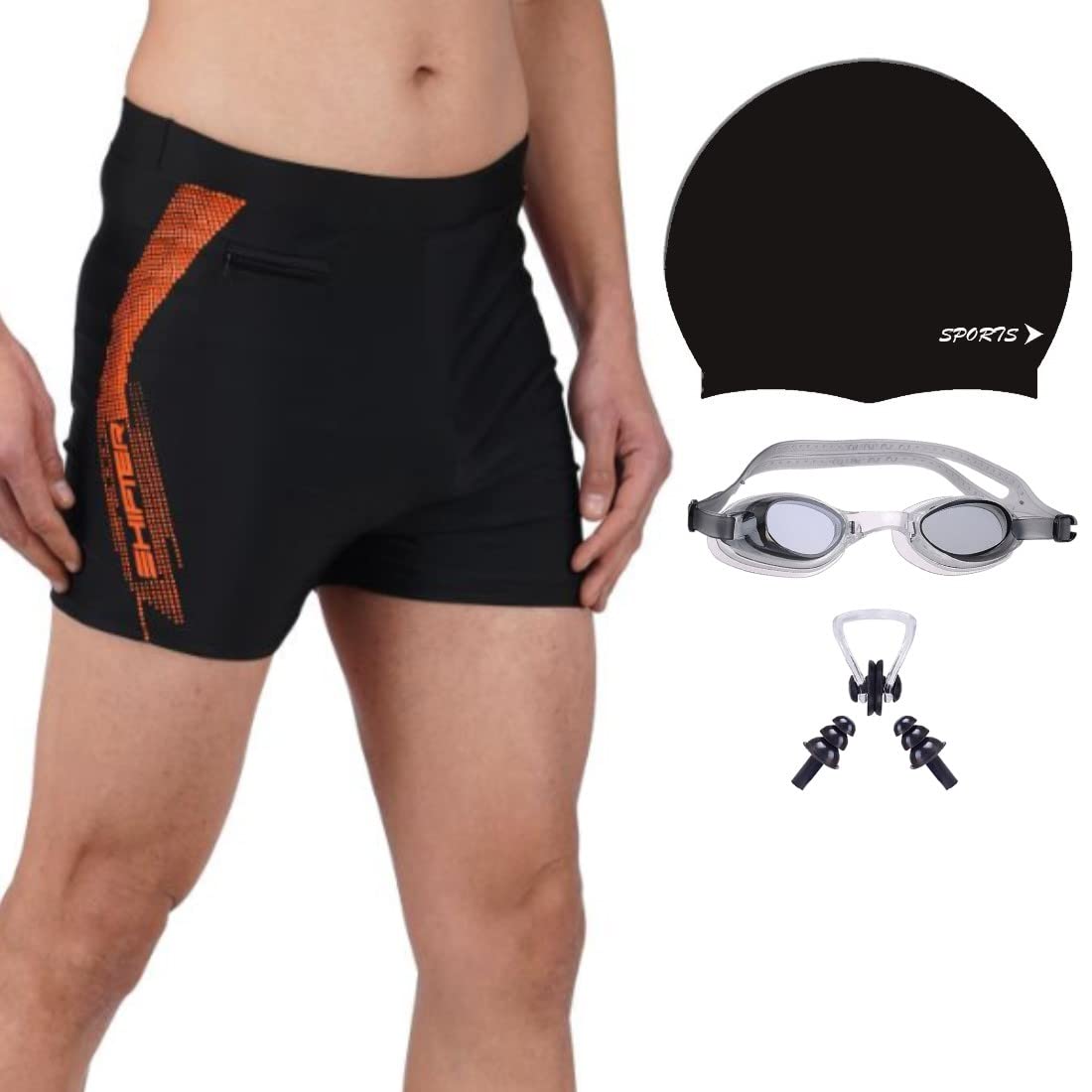 Swimming Trunk Shorts for Men and Boys | Swimming Costume Kit (Trunk, Goggles, Cap, Earplug and Nosepin, Design May Vary)