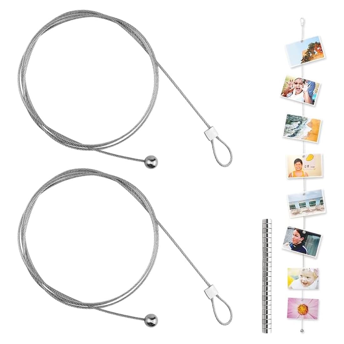 WUSJCOF Filo Appendere Foto, 2 Pezzi Cavo Appendere Foto in Acciaio con 35 Magneti, Foto Corda Cordino Regolabile Appendere Lampade Foto Cartolina (200cm x 1,5mm) [appendi foto, filo foto]