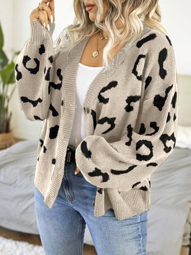 Image of Verdusa Women's Plus Size Cardigan Sweaters Open Front Button Down Leopard Cardigan Long Sleeve Oversize Winter Outfit Apricot Large Plus