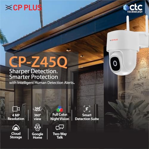 Image of CP PLUS 4MP Quad HD Wi-Fi CCTV Camera for Outdoor | 360 Pan & Tilt | Full-Color Night Vision | CTC Cyber Secure Tech | Smart Detection Suite | View & Talk | OK Google | Cloud Recording | CP-Z45Q