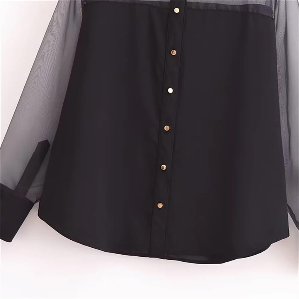 Women's Organza Patchwork Long Sleeve Lapel Shirt