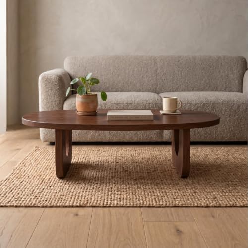 Image of Mango Wood Oval Coffee Table for Living Room, Modern Wooden Center Table with Unique U-Shaped Legs, Walnut Finish