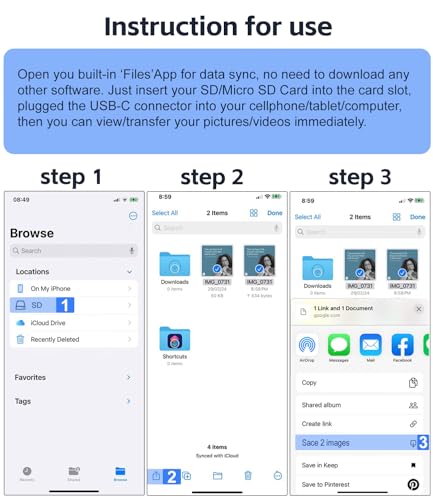 USB C SD Card Reader for iPhone 15 16 17/iPad Pro/MacBook, USB-C Type-C SD Reader Supports SD & MicroSD Memory Card Adapter, Trail Camera Viewer Plug and Play, SD+TF Dual Slots - Thumbnail 7