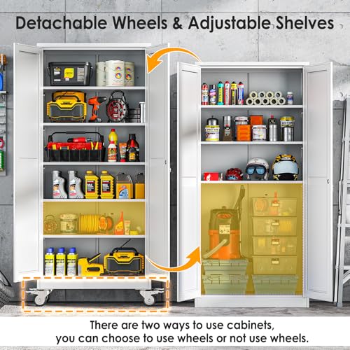 PAOFIN 75''H Metal Garage Storage Cabinet with Wheels,Steel File Cabinets with 2 Doors and 5 Adjustable Shelves for Home Office, Warehouse, Required Assembly,White - Image 5