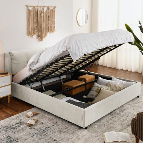 Lift Up Storage Bed King with Hydraulic Storage System, King Size Upholstered Bed Frame with Soft Headboard, Chenille Cloud Bed Frame Wood Slats Support, No Box Spring Needed, Beige