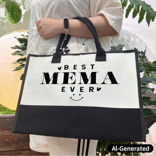 Image of SUSZDOU Gift for Best Mema Ever, Large Canvas Beach Bag with Inner Pocket and Makeup Pouch, Reusable Travel Outing Shoulder Bag for Women, Birthday Gift or Mother's Day Present for Mema and Grandma