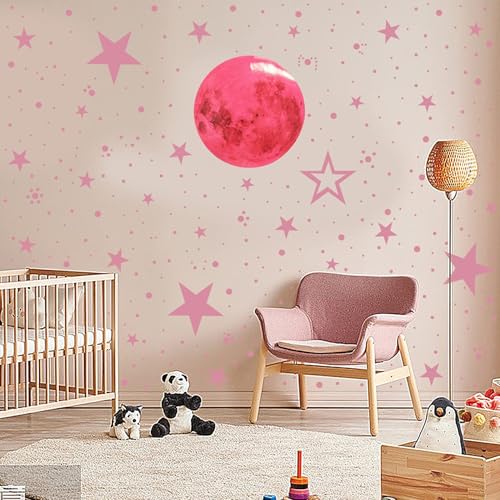 Image of Glow in The Dark Pink Moon & Stars Wall Stickers for Kids Bedroom - Premium Luminous Radium Wall Decals for Girls Room Decor - Bright Pink Glowing Full Moon with Stars Ceiling Stickers for Nursery.
