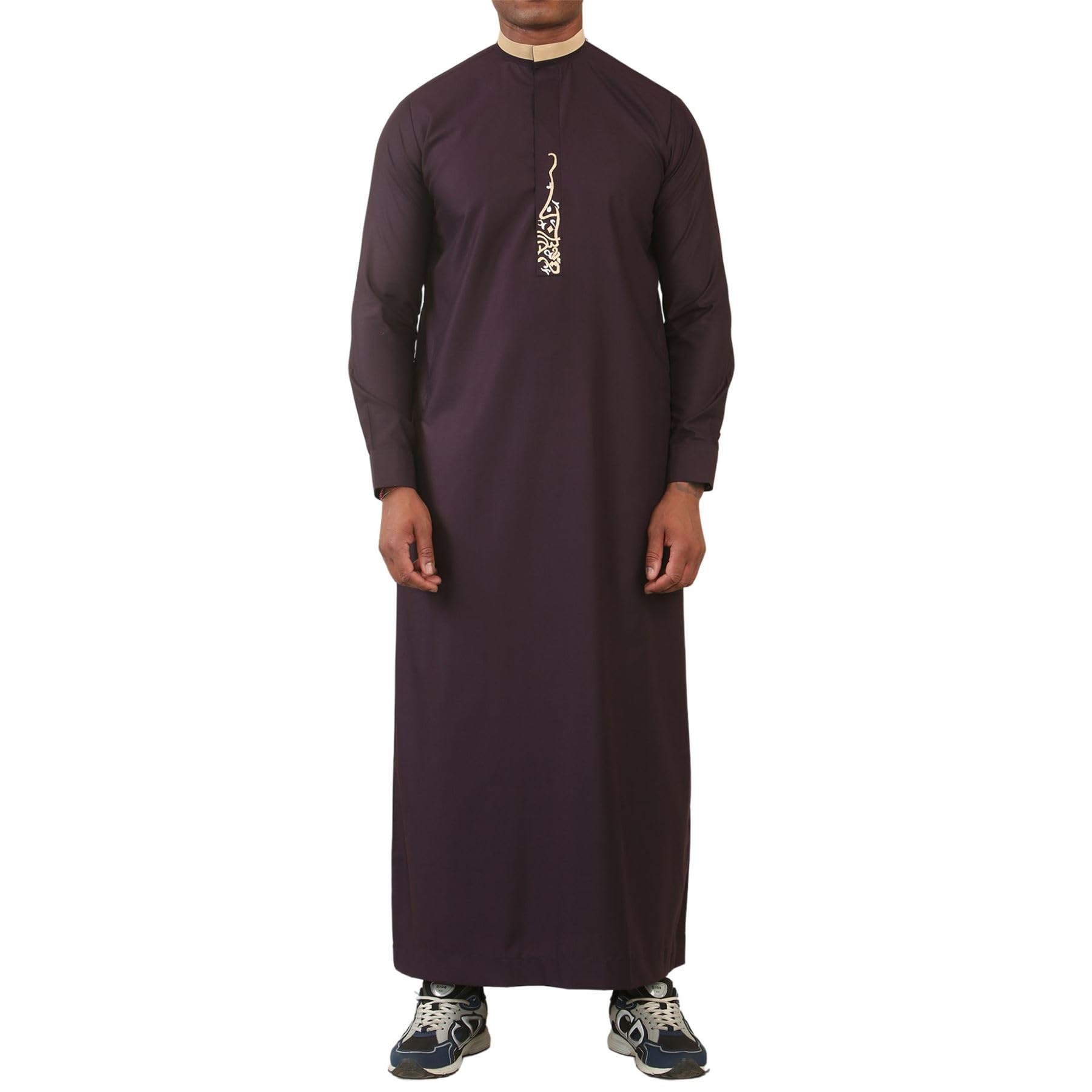 Men's Thobe Jubba Nehru Round Collar Islamic Clothing Muslim Kaftan Embroidery Eid Robe Saudi - Purple 56