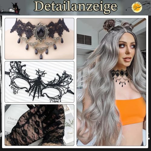 JIASHA Halloween Perücke Damen Grau: 12Pcs Halloween Kostüm Set Gothic – Bild 3