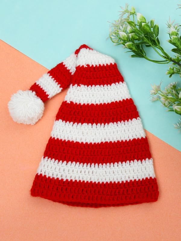 Image of Handmade Knitted Self Design Woolen Beanie Cap for Kids - White & Red 6-12 M | Winter Cap for Baby | FUNCAP56-6-12 M