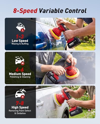 Image of 6 Inch Cordless Car Buffer Polisher Kit: Equipped with 2x4000mAh Batteries, Digital Display & 8 Speed Control, Comes with Extra Attachments for Car /Boat Detailing, Scratch Removal and Waxing
