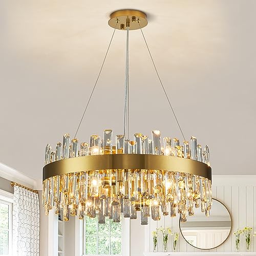 Siljoy Modern Crystal Chandelier 12-Light Brushed Gold 2-Tiers Crystal Raindrop