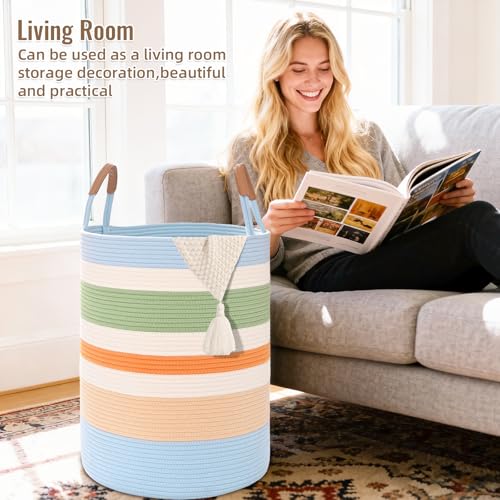Image of Large Laundry Basket, Laundry Hamper with Leather Handles, 90L Woven Dirty Clothes Hamper, Rope Hampers for Bedroom, Barthroom, Rainbow
