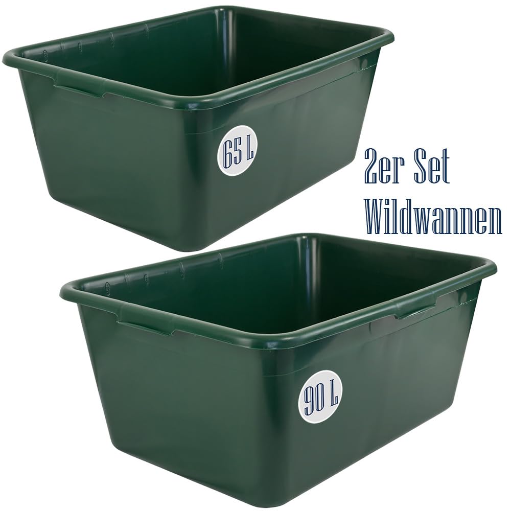 Petigi Zestaw 2 wanien dla dzikich zwierząt, 65 l + 90 l, wanna na karmę, wanna z tworzywa sztucznego, pojemnik na wodę, zielony, nadaje się do kontaktu z żywnością, wielofunkcyjna wanna