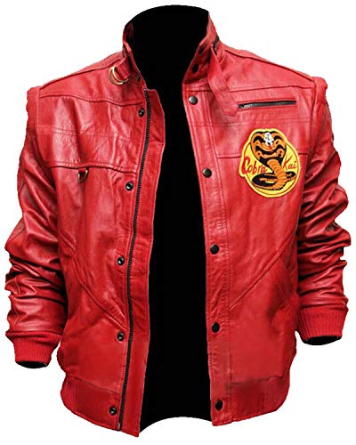 Men's Motorcycle Cobra Jacket, Karate Red Faux Leather Jacket (M)