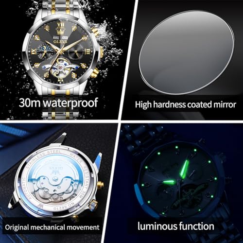Image of OLEVS Automatic Men Watch Self Winding Mechanical Moon Phase Business Luxury Diamond Dress Stainless Steel Waterproof Luminous Mens Wrist Watch