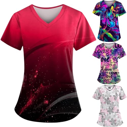 OIOLOYJM Printed Scrub Tops Women Short Sleeve V Neck Plus Size Scrubs for Womens Nursing Uniforms Shirts with Pockets