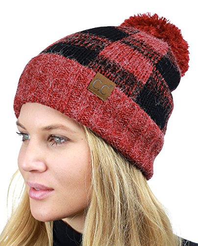 C.C Soft Stretch Pom Pom Fuzzy Lined Buffalo Plaid Cuff Beanie Hat, Red/Black