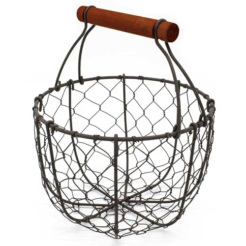 CVHOMEDECO. Round Chicken Wire Egg Basket Fruit Basket with Wooden Handle Primitives Vintage Gathering Basket. Rusty